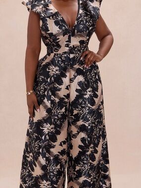 Fashion Nova Karmina Jumpsuit - Black Floral Wide-Leg Jumpsuit on Beige